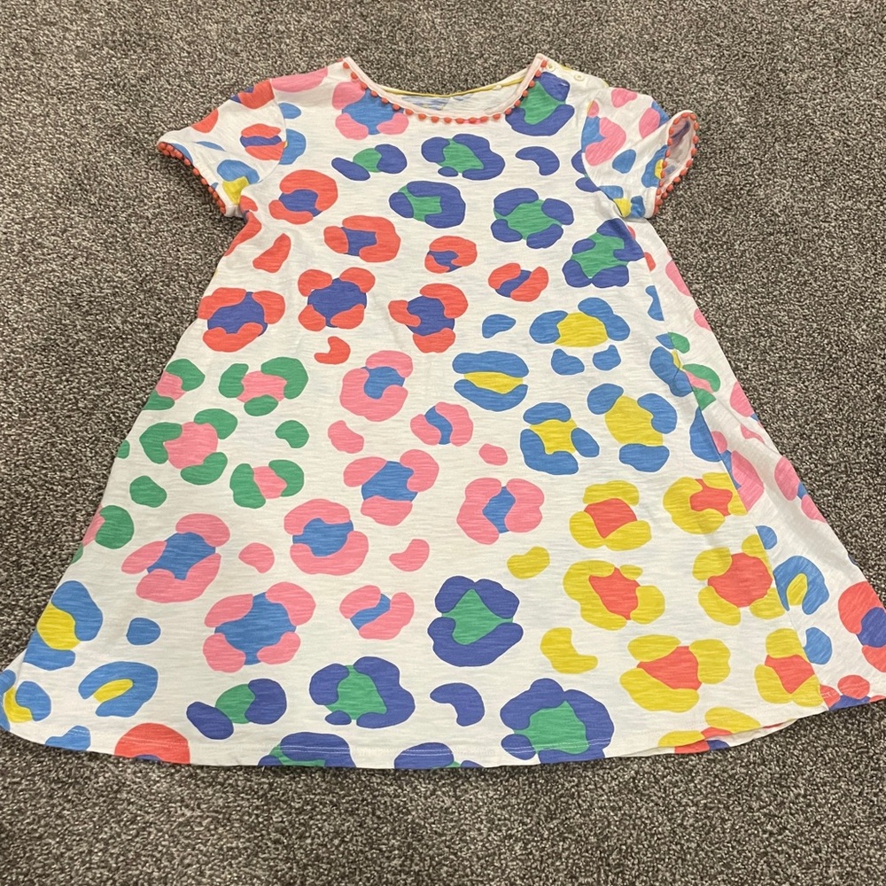 mini boden cheetah charlie pom dress size 9/10 short sleeve cotton